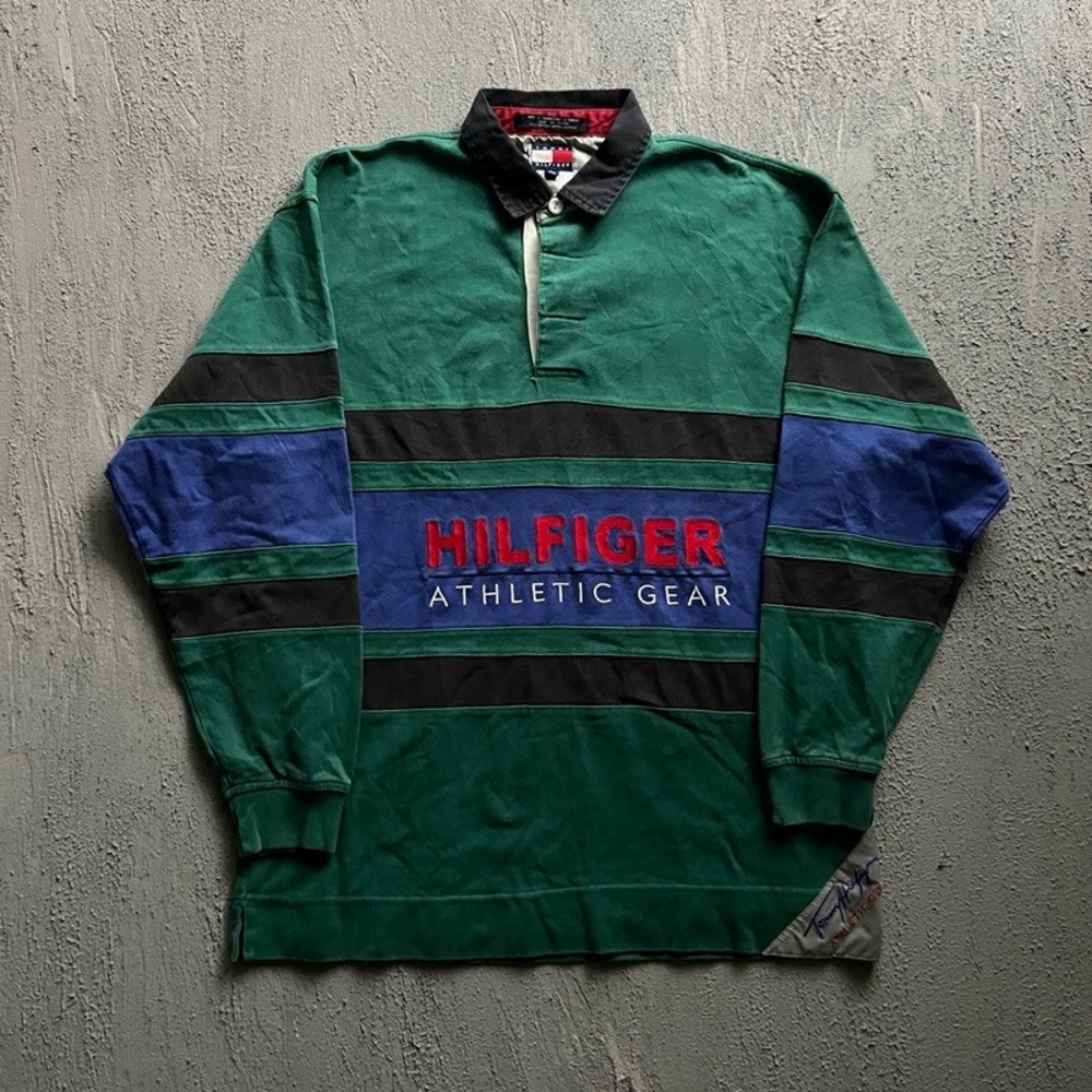 Vintage Tommy Hilfiger Rugby Shirt Medium Green 1990s Athletic Gear Striped